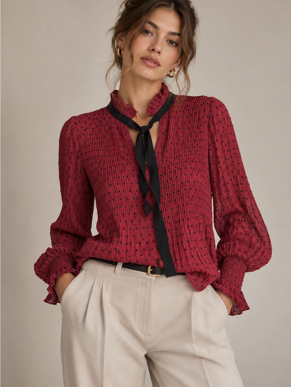Max Studio Burgundy Dot Tie-Neck Long Sleeve Blouse with Black Trim Size Medium
